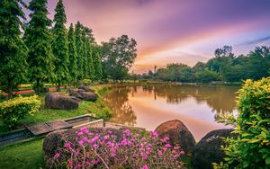 Preview wallpaper lake, flowers, trees, landscape, spring