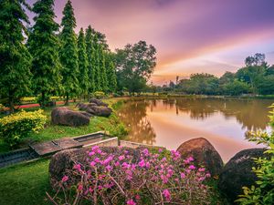 Preview wallpaper lake, flowers, trees, landscape, spring