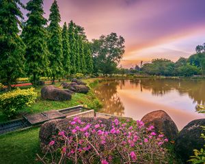 Preview wallpaper lake, flowers, trees, landscape, spring