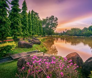 Preview wallpaper lake, flowers, trees, landscape, spring