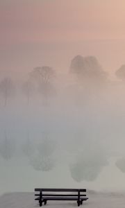 Preview wallpaper lake, fog, bench, shore, nature