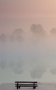 Preview wallpaper lake, fog, bench, shore, nature