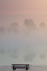 Preview wallpaper lake, fog, bench, shore, nature