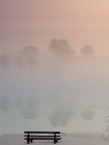 Preview wallpaper lake, fog, bench, shore, nature