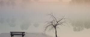 Preview wallpaper lake, fog, bench, shore, nature