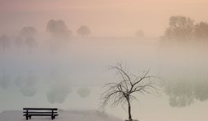 Preview wallpaper lake, fog, bench, shore, nature