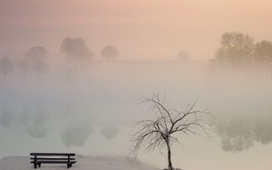Preview wallpaper lake, fog, bench, shore, nature