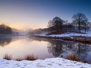 Preview wallpaper lake, fog, morning, winter