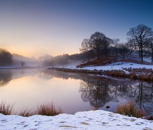 Preview wallpaper lake, fog, morning, winter