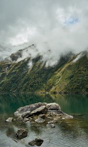 Preview wallpaper lake, fog, rocks, mountain, stone, new zealand