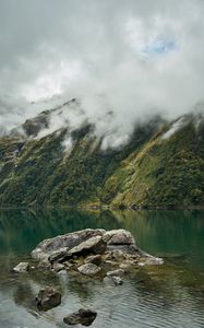 Preview wallpaper lake, fog, rocks, mountain, stone, new zealand