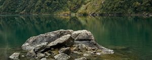 Preview wallpaper lake, fog, rocks, mountain, stone, new zealand