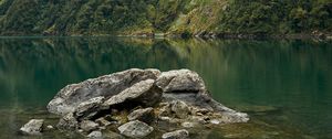 Preview wallpaper lake, fog, rocks, mountain, stone, new zealand