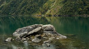 Preview wallpaper lake, fog, rocks, mountain, stone, new zealand