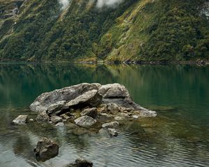 Preview wallpaper lake, fog, rocks, mountain, stone, new zealand