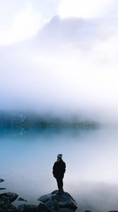 Preview wallpaper lake, fog, silhouette, loneliness, shore