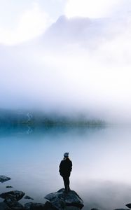 Preview wallpaper lake, fog, silhouette, loneliness, shore