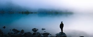 Preview wallpaper lake, fog, silhouette, loneliness, shore