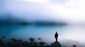 Preview wallpaper lake, fog, silhouette, loneliness, shore