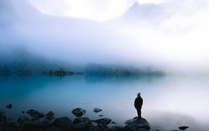 Preview wallpaper lake, fog, silhouette, loneliness, shore