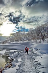 Preview wallpaper lake, fog, snow, person, winter, mountains