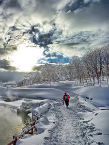 Preview wallpaper lake, fog, snow, person, winter, mountains