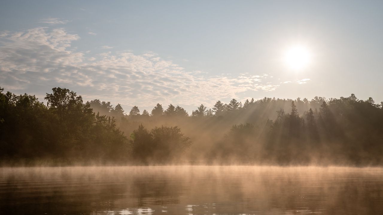 Wallpaper lake, fog, sun, morning, nature