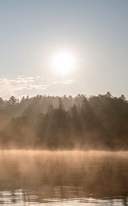 Preview wallpaper lake, fog, sun, morning, nature