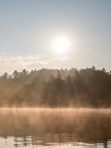 Preview wallpaper lake, fog, sun, morning, nature