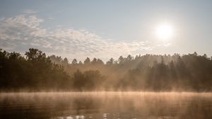 Preview wallpaper lake, fog, sun, morning, nature