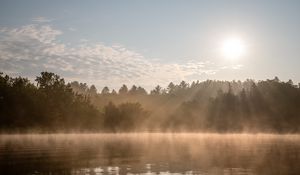 Preview wallpaper lake, fog, sun, morning, nature