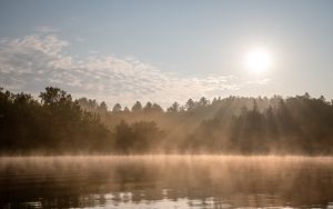 Preview wallpaper lake, fog, sun, morning, nature