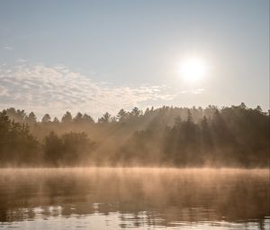 Preview wallpaper lake, fog, sun, morning, nature