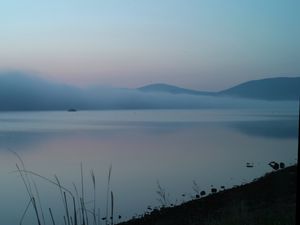 Preview wallpaper lake, fog, sunrise, landscape, nature