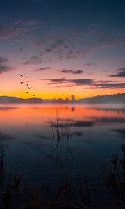 Preview wallpaper lake, fog, sunset, twilight, landscape