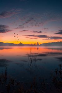 Preview wallpaper lake, fog, sunset, twilight, landscape