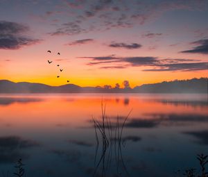 Preview wallpaper lake, fog, sunset, twilight, landscape