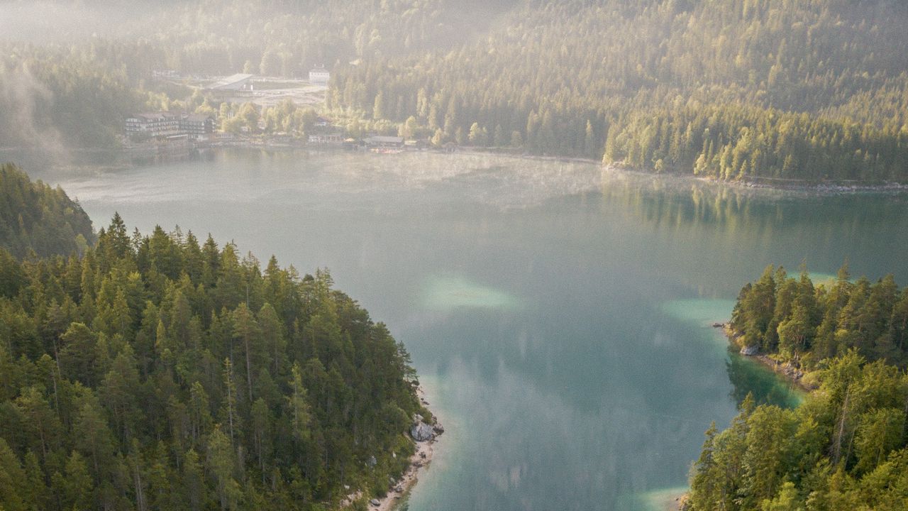 Wallpaper lake, forest, aerial view, fog, water