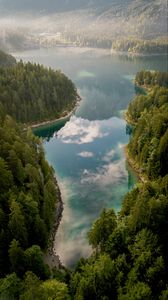 Preview wallpaper lake, forest, aerial view, fog, water