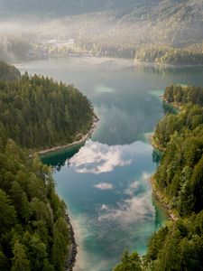 Preview wallpaper lake, forest, aerial view, fog, water