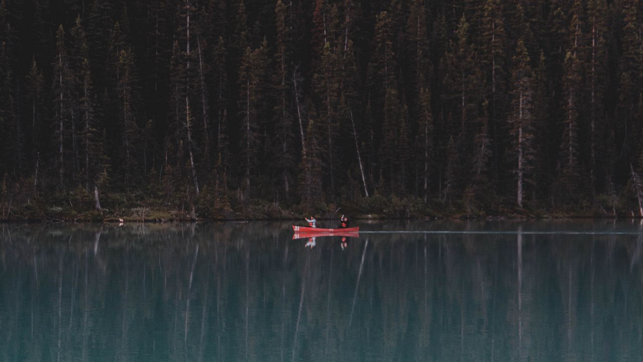 Wallpaper lake, forest, boat, trees, reflection