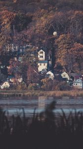 Preview wallpaper lake, forest, buildings, view, dark