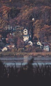 Preview wallpaper lake, forest, buildings, view, dark