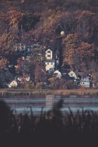 Preview wallpaper lake, forest, buildings, view, dark