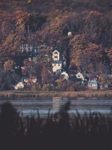 Preview wallpaper lake, forest, buildings, view, dark