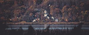 Preview wallpaper lake, forest, buildings, view, dark