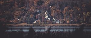 Preview wallpaper lake, forest, buildings, view, dark