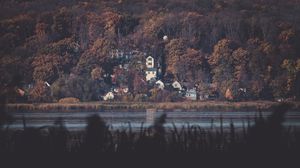 Preview wallpaper lake, forest, buildings, view, dark