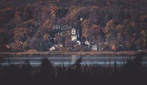 Preview wallpaper lake, forest, buildings, view, dark