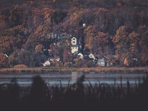 Preview wallpaper lake, forest, buildings, view, dark